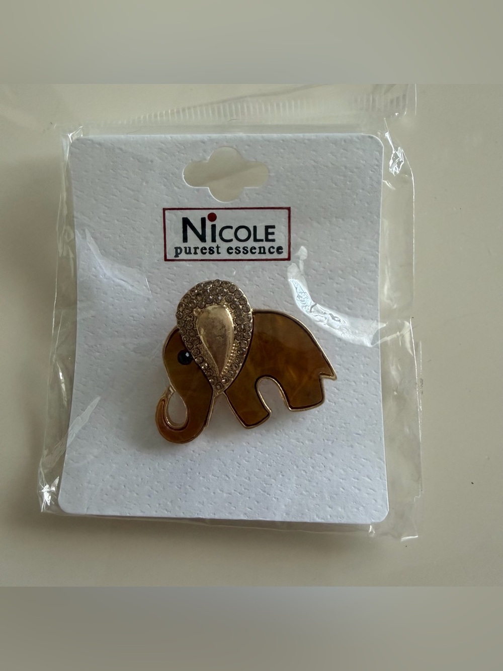 Nicole Purest Essence Brown Enamel Rhinestone Elephant Brooch